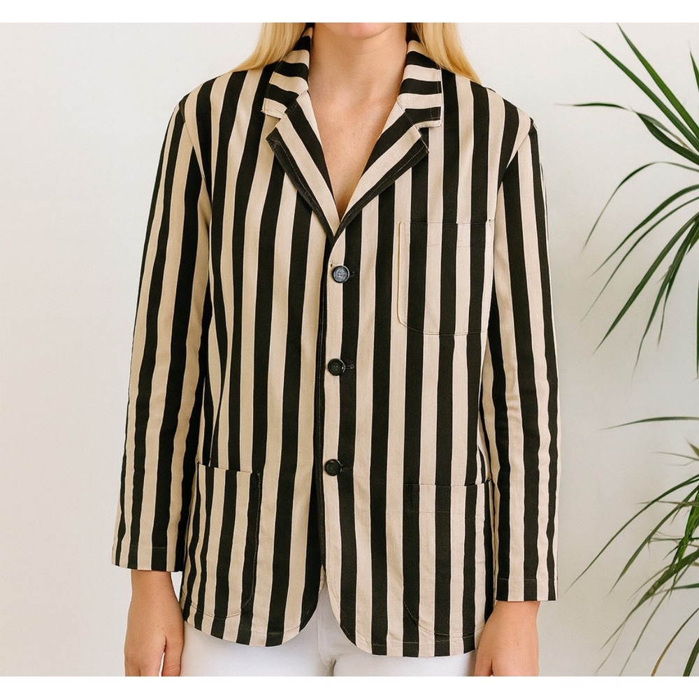 Black Cream Vertical Stripe Blazer‎ Jacket Button Front Pockets Women's